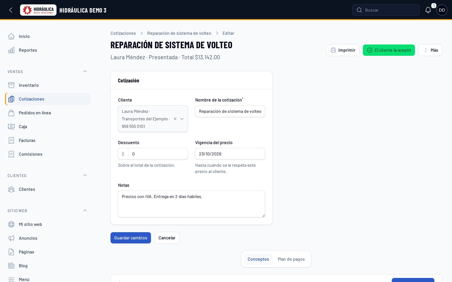 Una cotización en el panel: el cliente, su vigencia y sus conceptos por fase.
