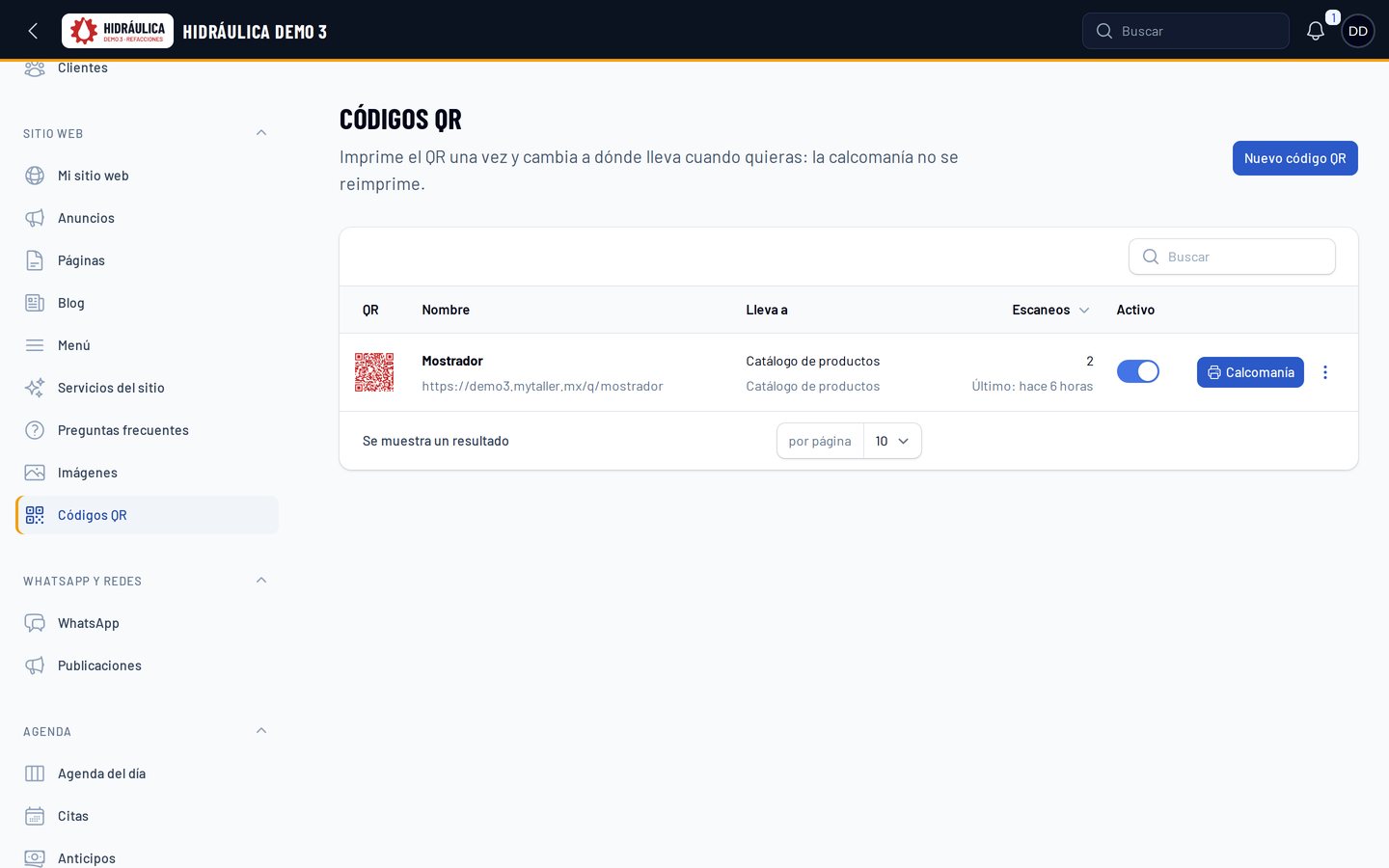 Los códigos QR del negocio en el panel: a dónde lleva cada uno, sus escaneos y el botón para imprimir la calcomanía.