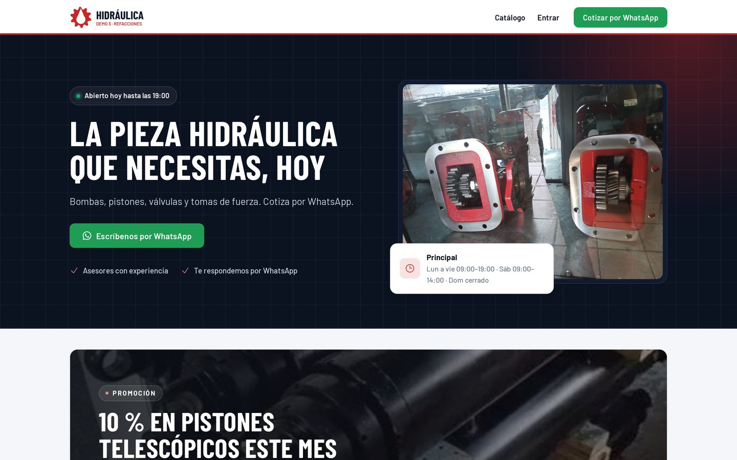 La página de una refaccionaria hidráulica con su horario, su promoción y el botón de WhatsApp.