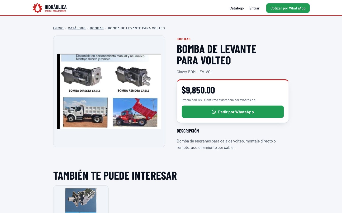 Un producto en línea con su precio y el botón para pedirlo por WhatsApp.